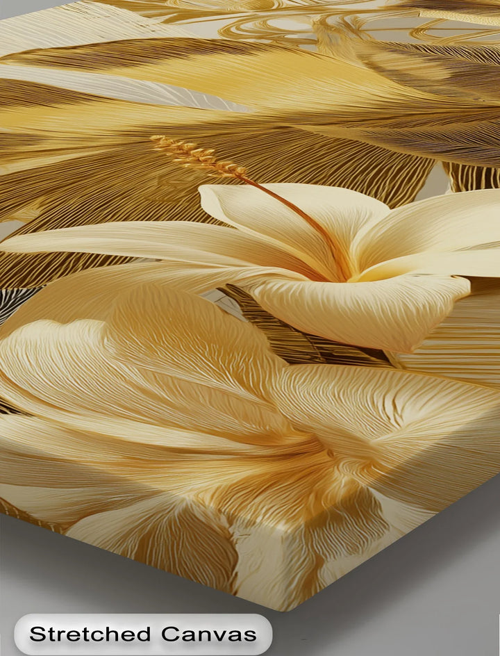 Sophisticated tropical flower canvas print with shimmering leaf textures
