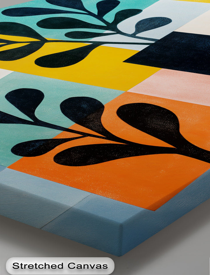 Minimalist plant shapes lend a softness to this mid century botanical canvas wall art, blending modern geometric panels in a stylish, colorful design.