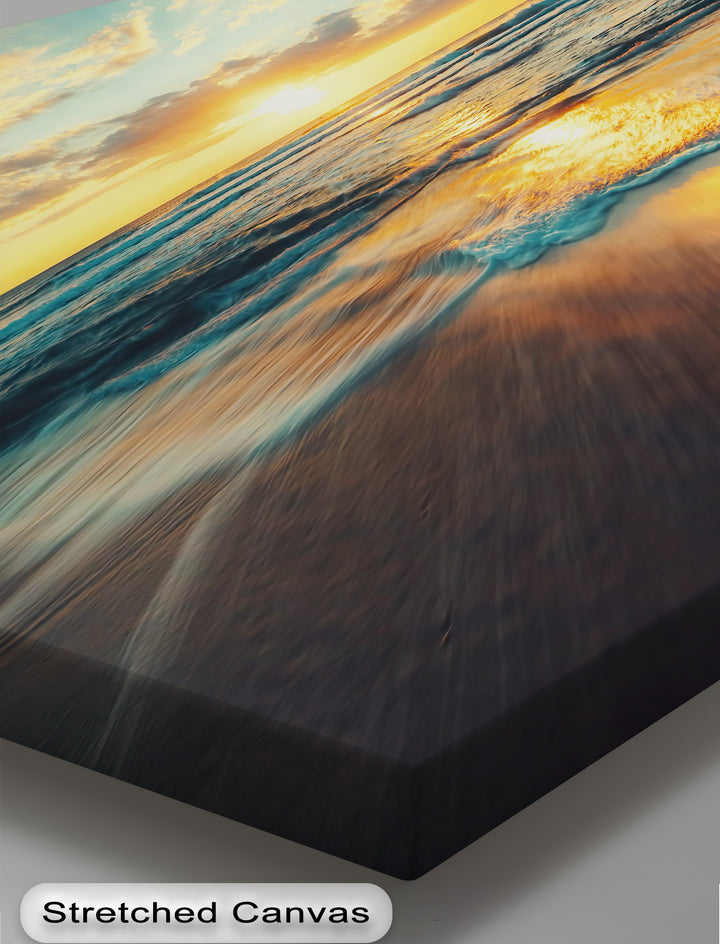 The tranquil mood of a golden ocean sunset is beautifully captured in this peaceful beach hanging canvas, featuring soft waves.