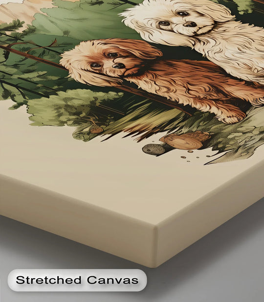 Wilderness Companions – Two Puppies in Forest Mountain Scene Canvas Print - MyPhotoStation