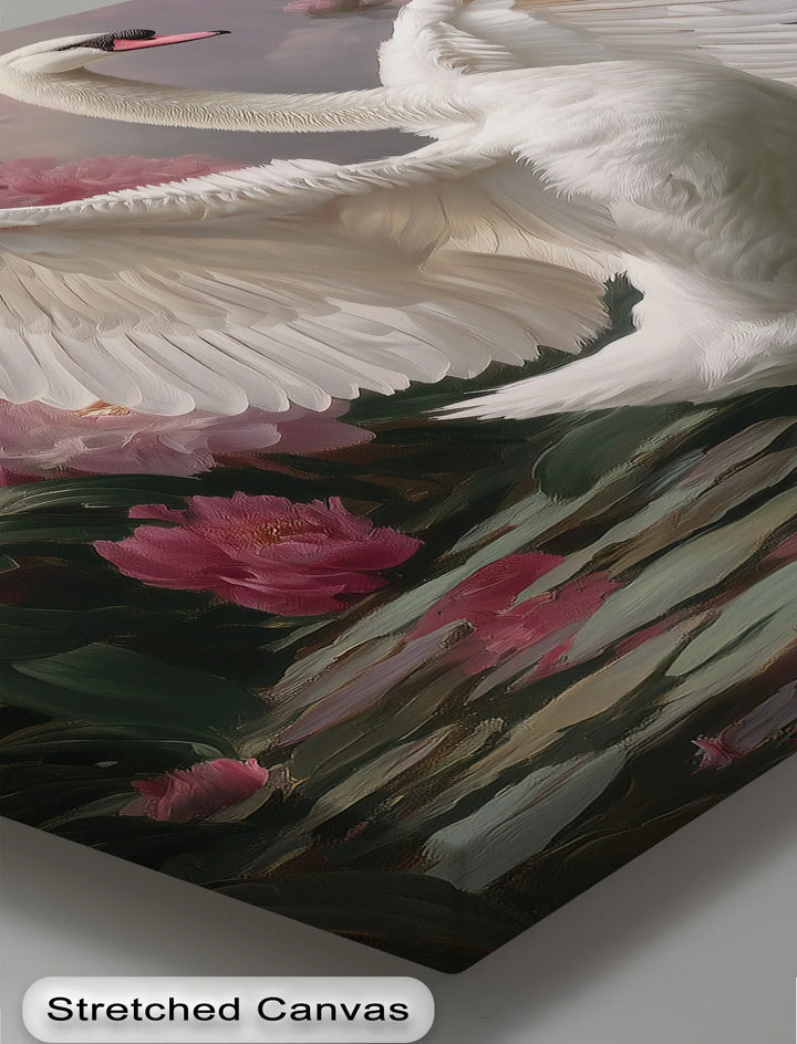 Romantic swan and peony canvas print perfect for bedroom or living room decor

