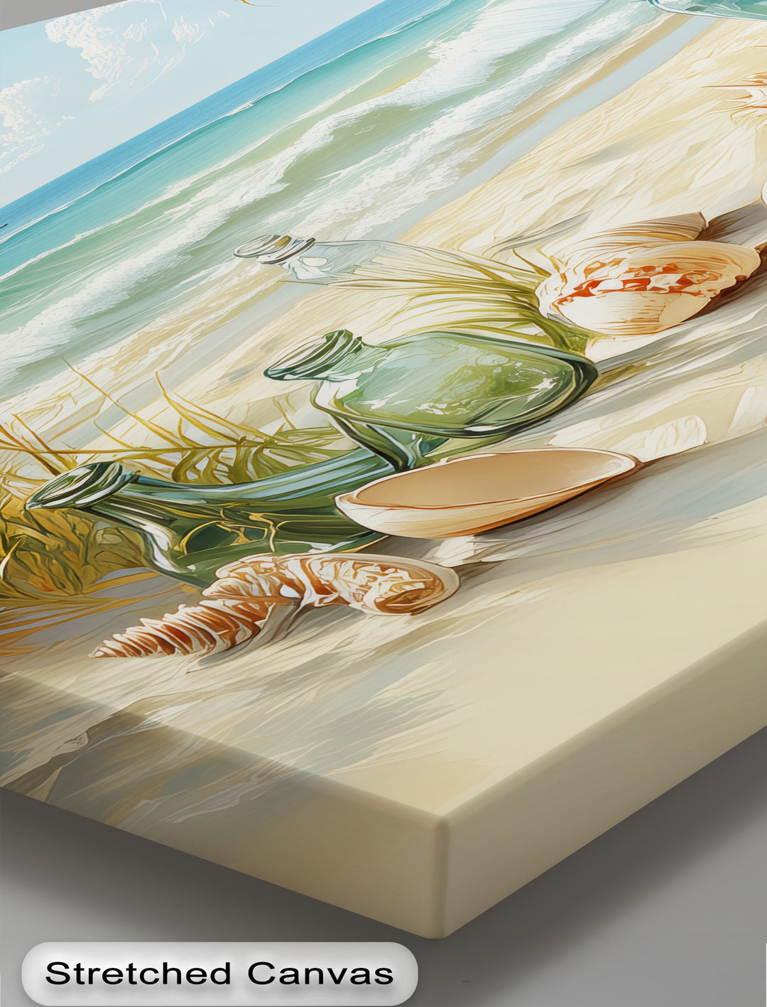 Whispers of the Shore – Seashells and Glass Bottles Coastal Canvas Print