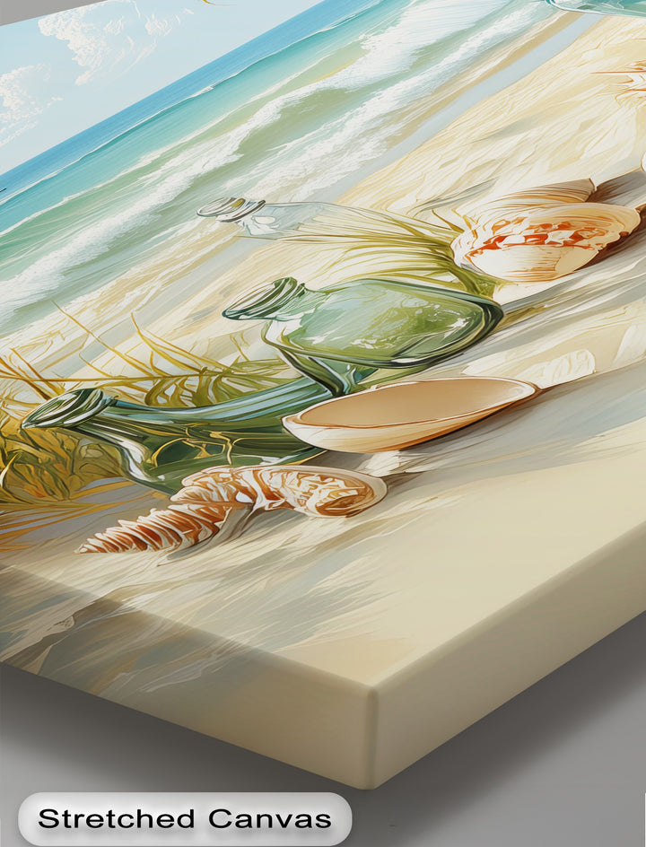 Whispers of the Shore – Seashells and Glass Bottles Coastal Canvas Print