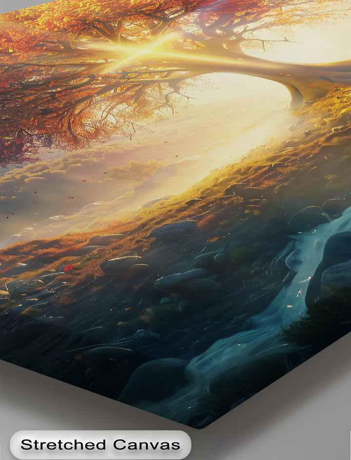 Radiant golden sunlight brilliantly streams from an enchanted autumn tree, illuminating a mystical mountain landscape on this vibrant hanging canvas.