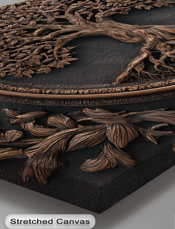 The transition between the lustrous bronze of the rustic Tree of Life and the deep charcoal background creates dramatic canvas wall art.