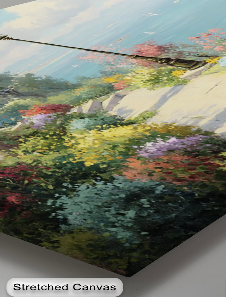 Romantic garden and sea landscape canvas print with sailboats and nature
