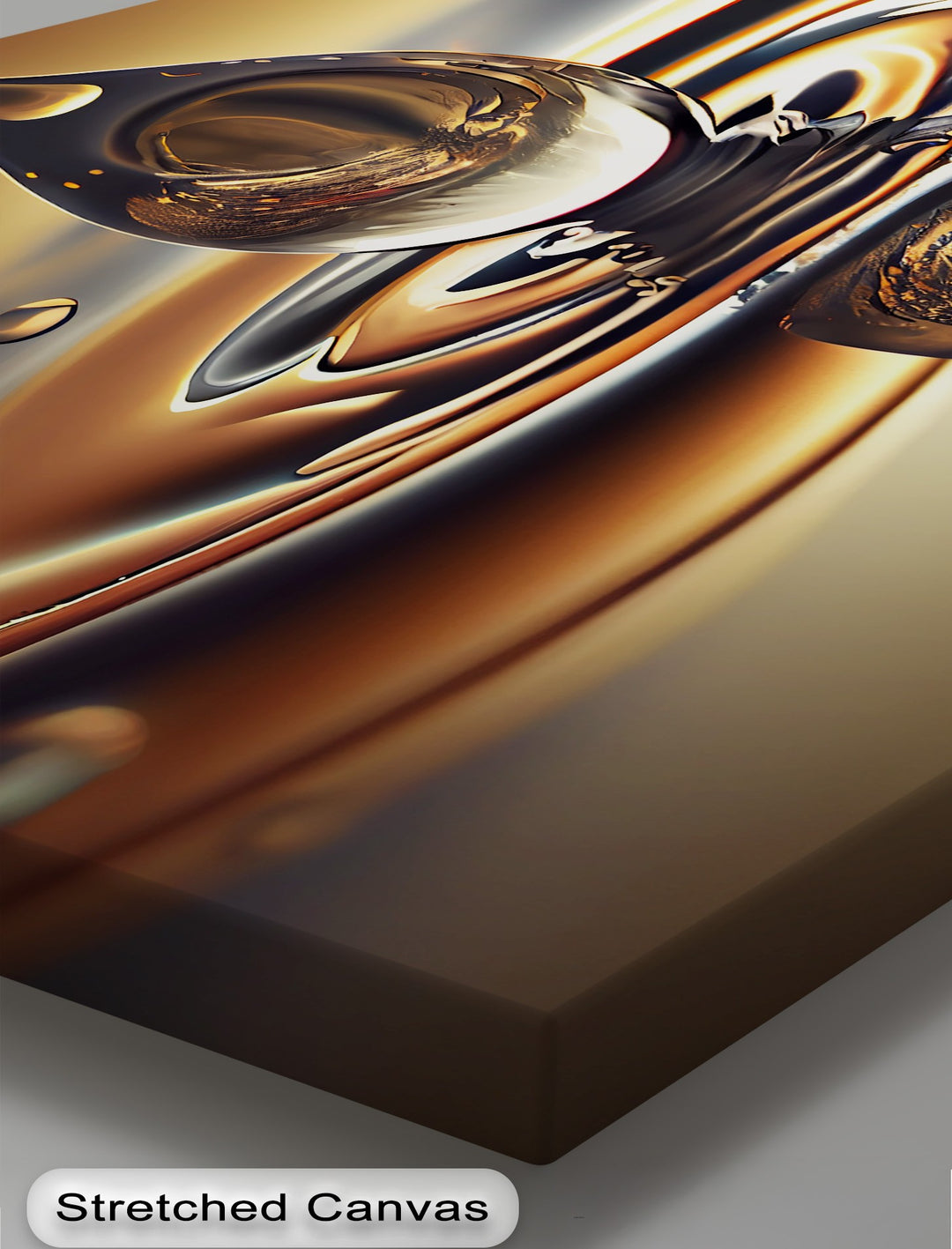 The foreground of this luxurious hanging canvas features smooth, warm brown tones and hints of golden abstract ripples.