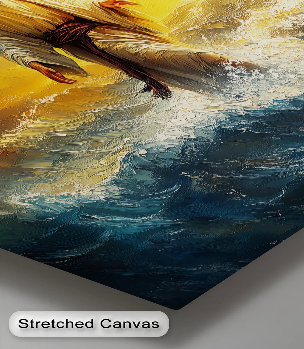 Vibrant faith-based painting of Jesus over ocean waves.

