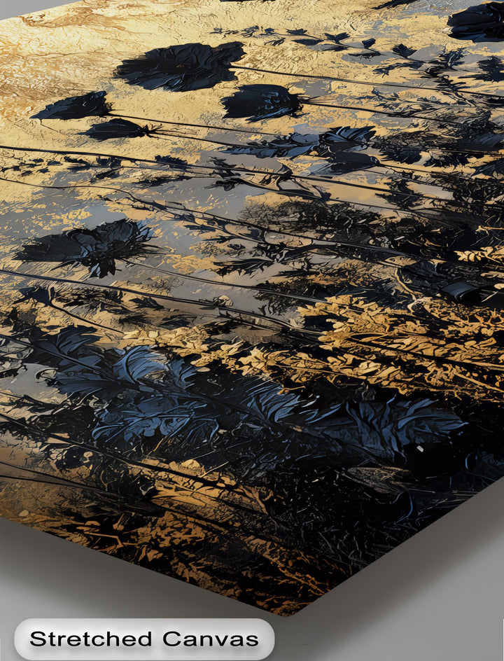 Golden Twilight Meadow – Black Floral Silhouette Canvas Print