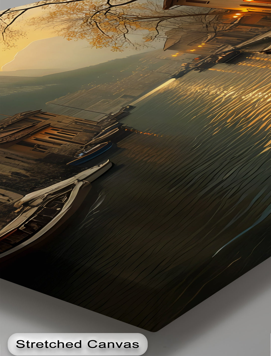 Sunset Canal Serenity – Lakeside Village Canvas Wall Art | Canvas Artwork