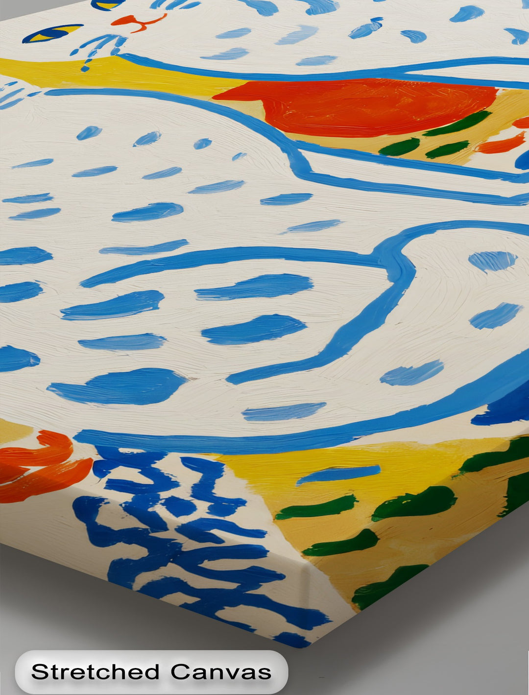 Color transitions create the premium canvas decor of this folk cat canvas print, where vibrant orange, blue, and yellow hues meet creamy whites.