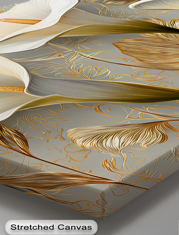 Golden Elegance – White Calla Lilies on Grey Floral Canvas Print