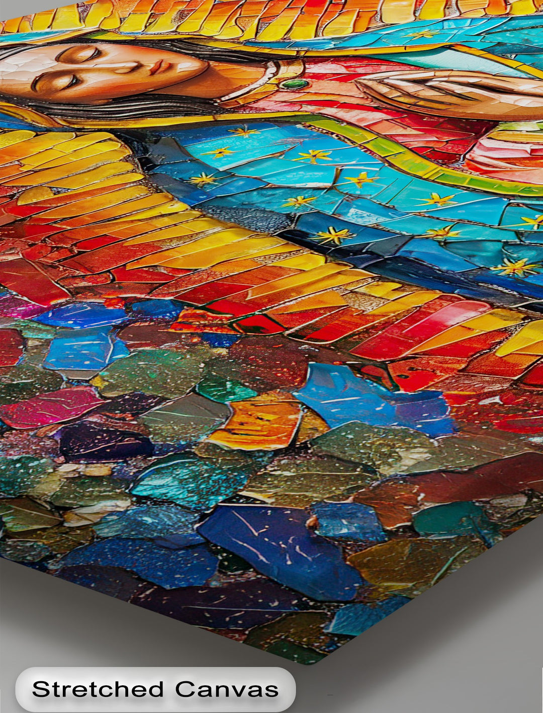 The organic forms of Our Lady of Guadalupe are depicted with flowing, faceted mosaic pieces in this radiant religious canvas art print.