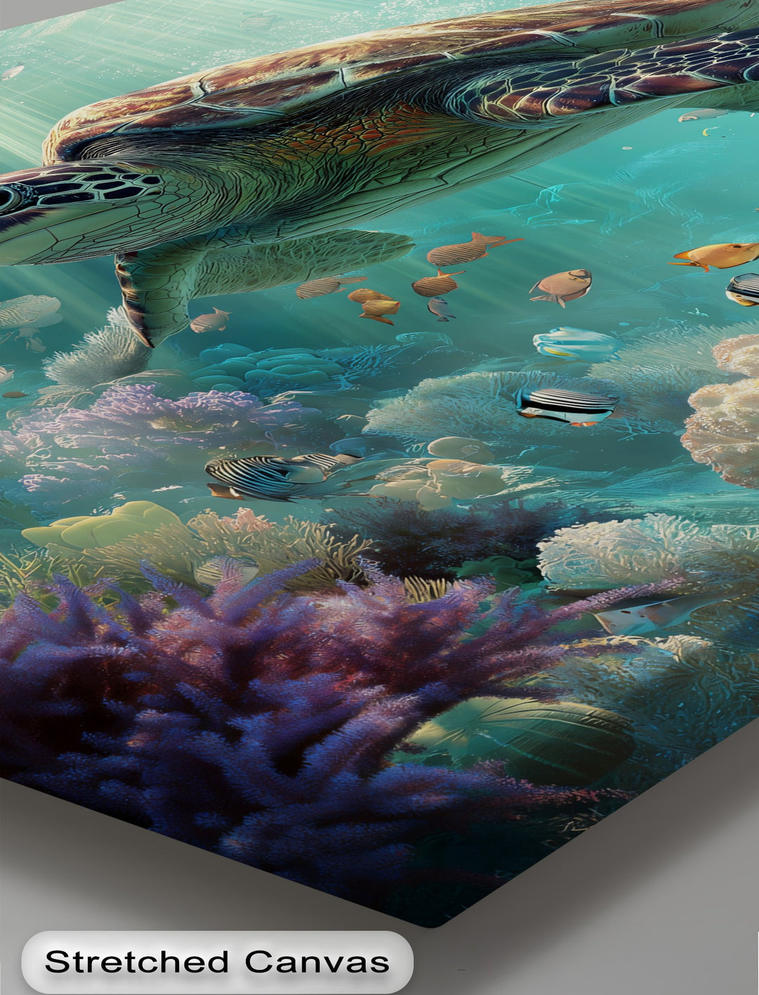 Vibrant purple coral and exotic fish create a captivating foreground in this detailed underwater ocean reef canvas wall decor.