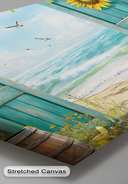 Dominant teal hues highlight the weathered open door framing a serene coastal beach scene on this high quality canvas prints, with crashing ocean waves and sunny sunflowers.