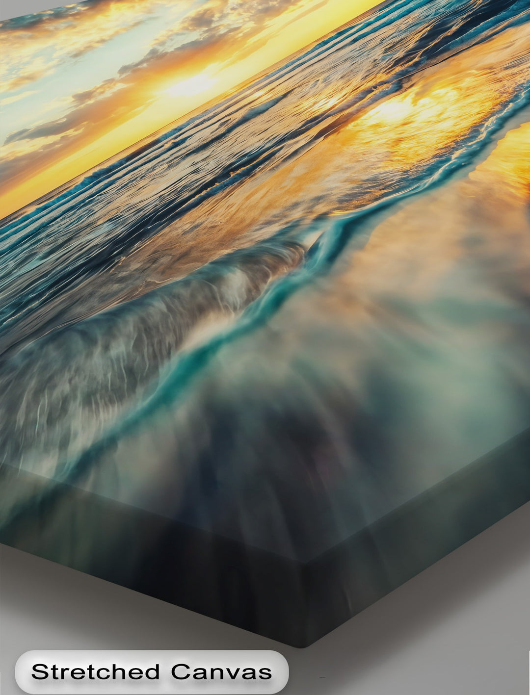 Negative space's muted, blurred teal and blue foreground frames the radiant golden sunset on ocean waves in this stunning canvas painting.