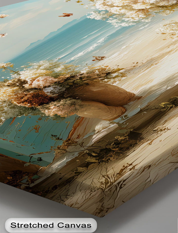 Seaside Breeze Through Blue Shutters – Coastal Floral Canvas Print