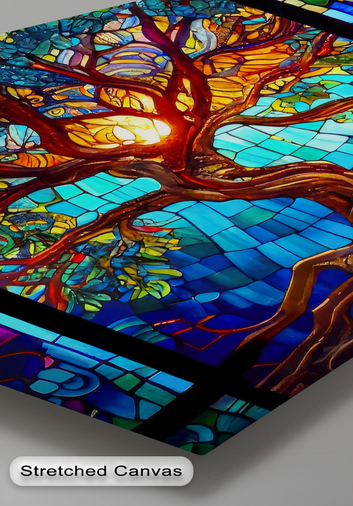 The intricate, dark internal borders of this vibrant stained glass tree canvas artwork separate glowing panels, visible along its clean external edges.