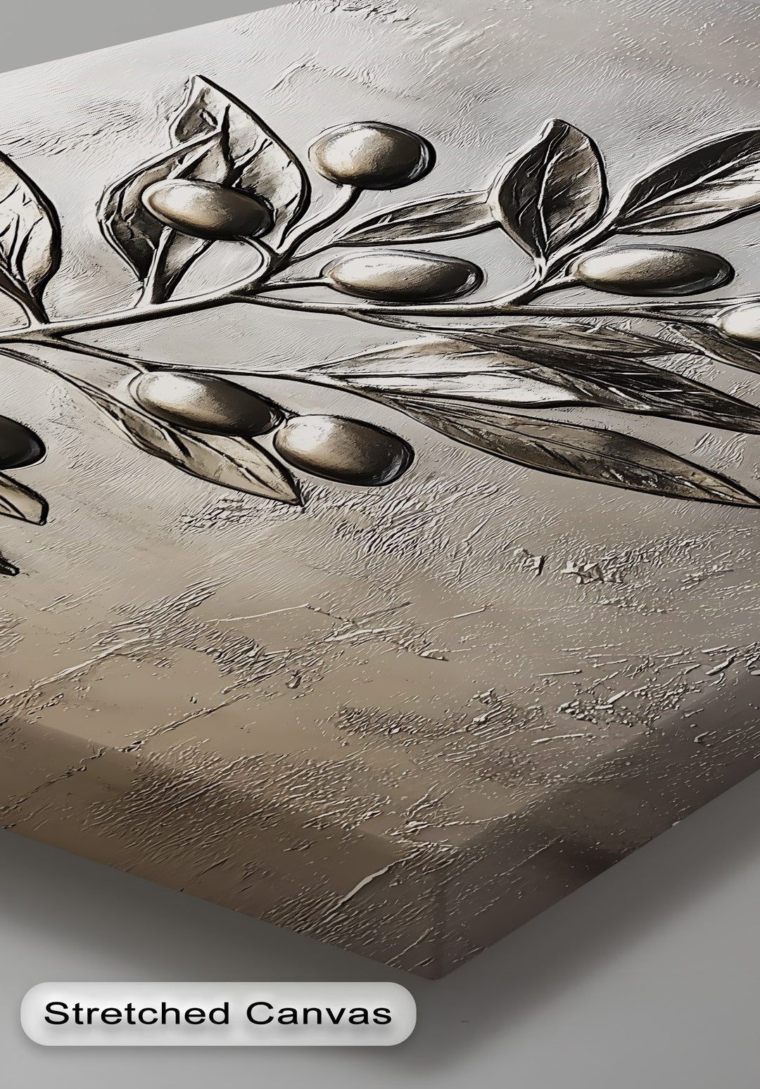 The elegant layering effect on this silver olive branch canvas wall decor emphasizes the raised texture of metallic olives and leaves.