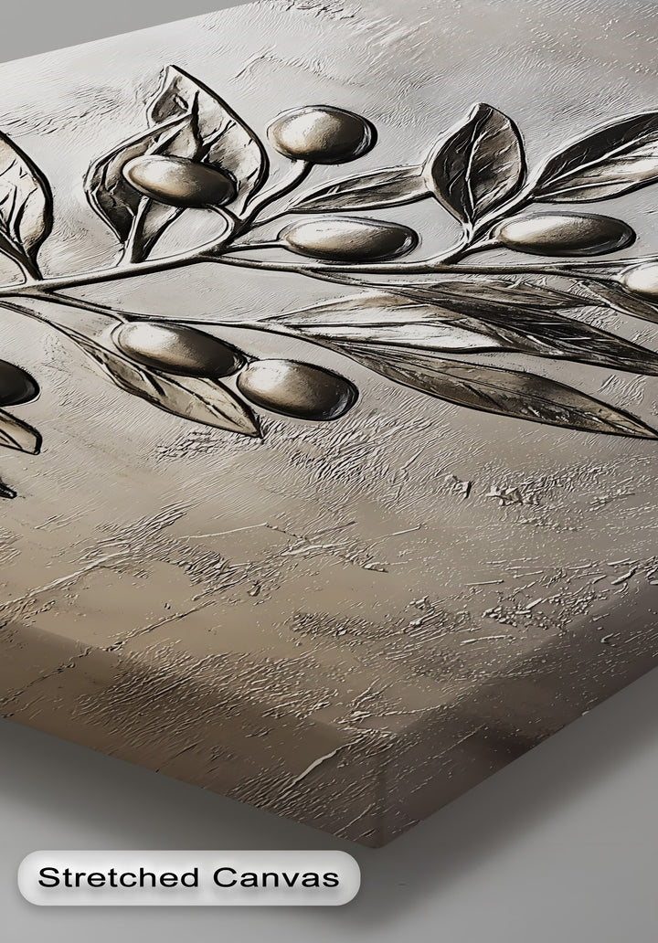 The elegant layering effect on this silver olive branch canvas wall decor emphasizes the raised texture of metallic olives and leaves.