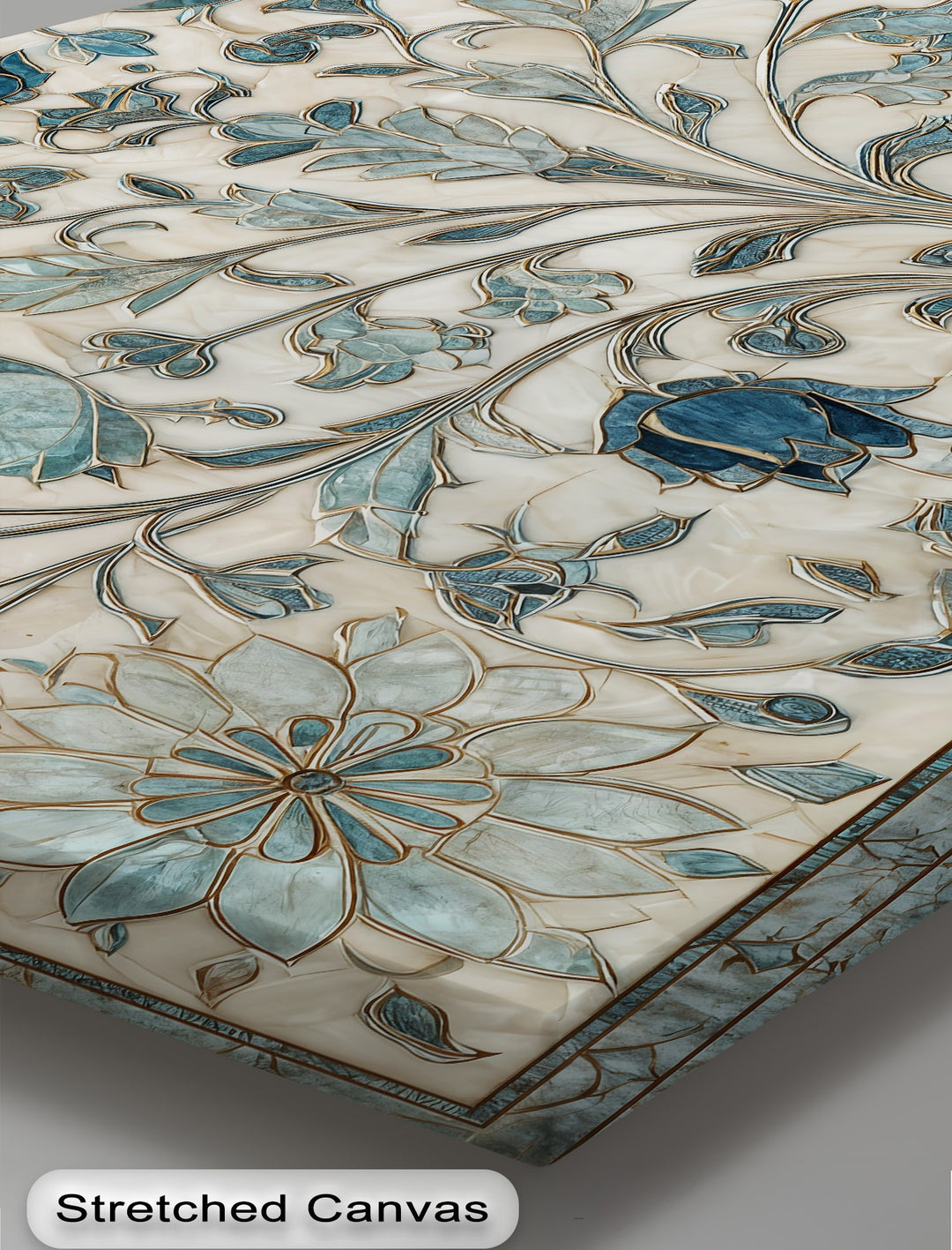 Showcasing subdued color saturation, this elegant blue floral ornament premium canvas decor features intricate botanical designs on a creamy base.