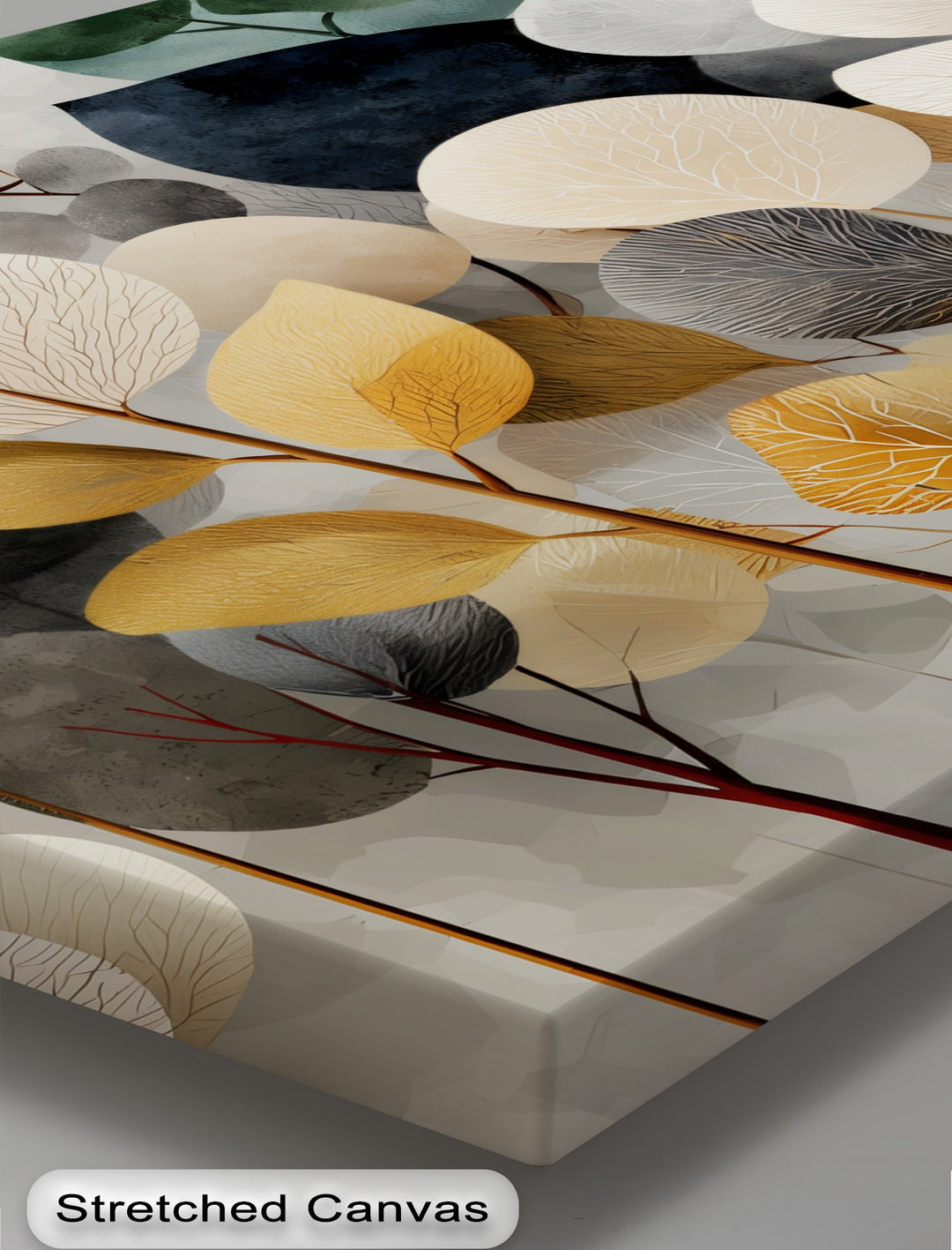Blending from cool grays to warm yellows, this minimalist abstract forest canvas wall art print showcases a beautiful color transition within botanical tree designs.