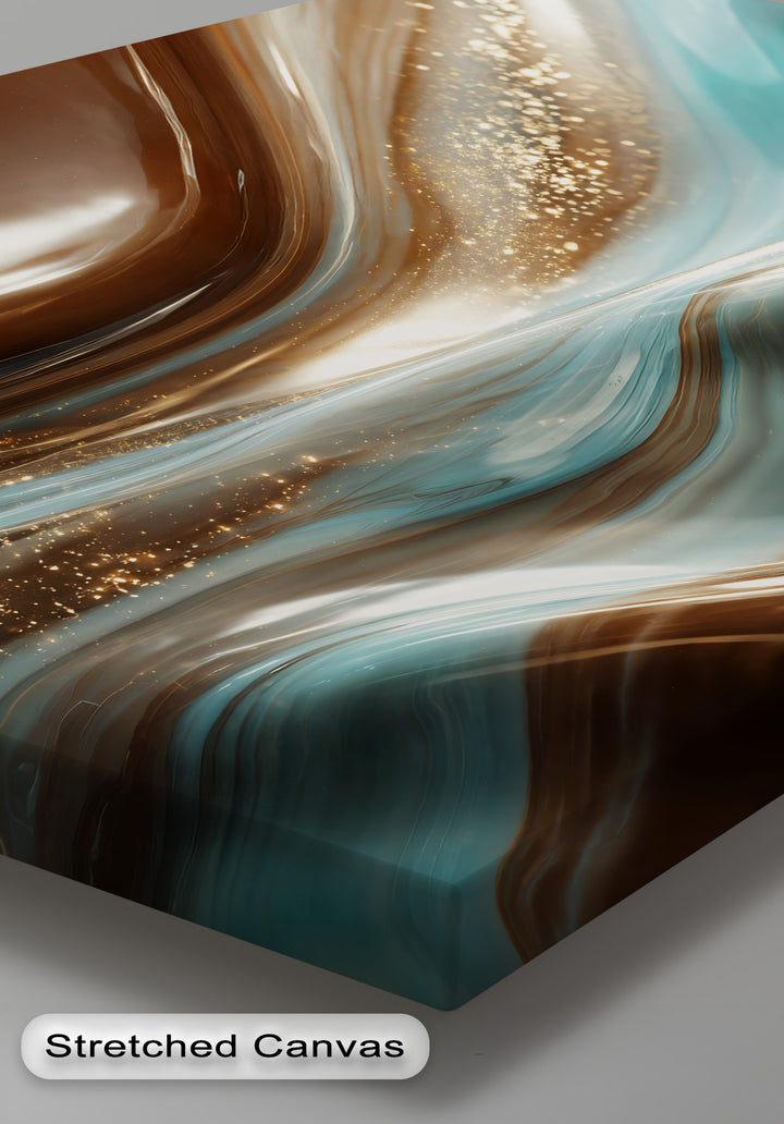 Striking color contrast between deep brown and vibrant teal swirls with shimmering gold accents on a luxury abstract framed canvas wall art.