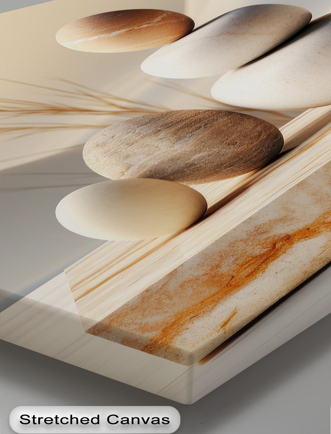 The luminous, light-colored balanced stone glows, emphasizing the serene spa-like aesthetic of this Zen stone balance canvas wall decor.