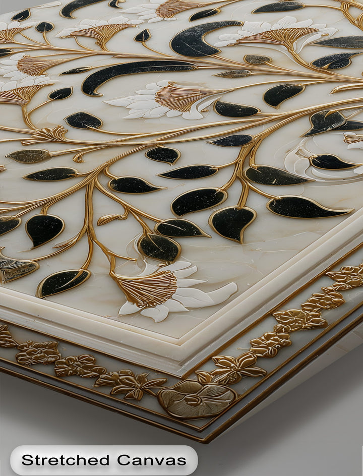 Through the lens of light and shadow, this exquisite gold botanical canvas art gleams, revealing intricate branches, dark leaves, and dimensional white flowers.