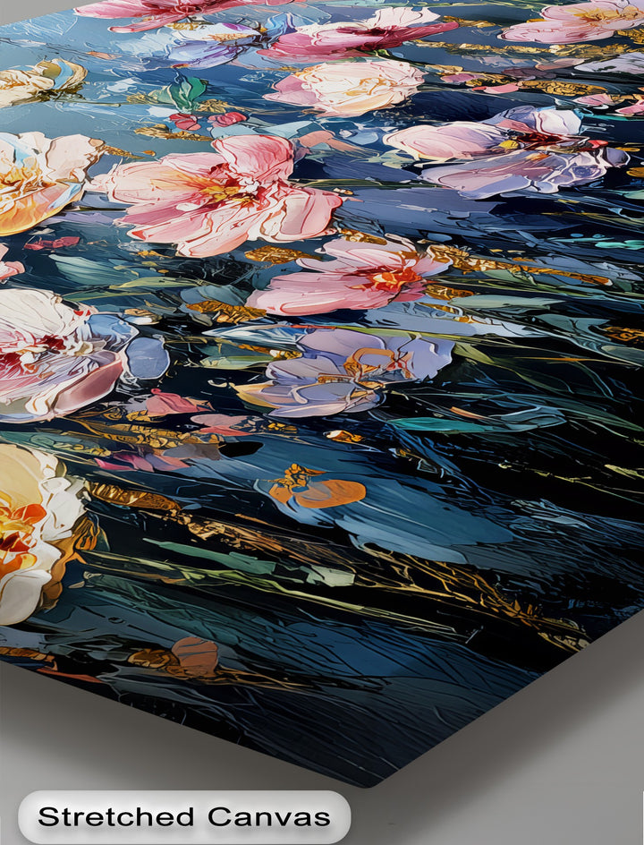 Twilight Bloom – Elegant Garden Flowers on Blue Canvas Print