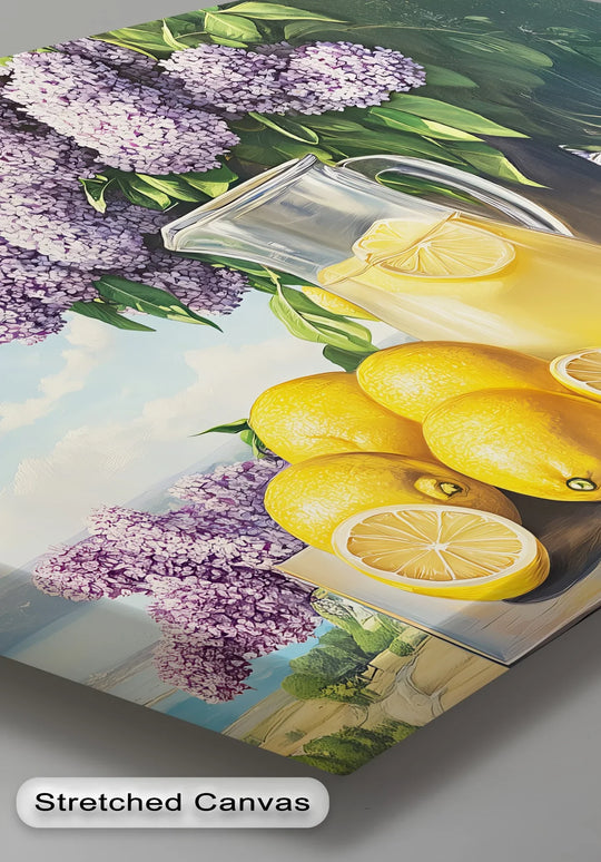 Reflecting idyllic scenery and a soft sky, the background adds a touch of serenity to this summer lemonade and lilacs kitchen canvas print, making it one of the best canvas prints.
