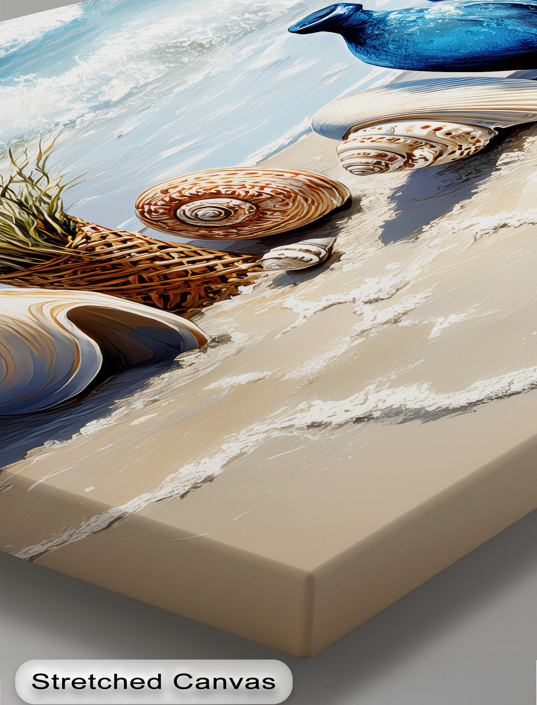 Coastal Calm – Seashells and Blue Vases Beach Scene Canvas Print