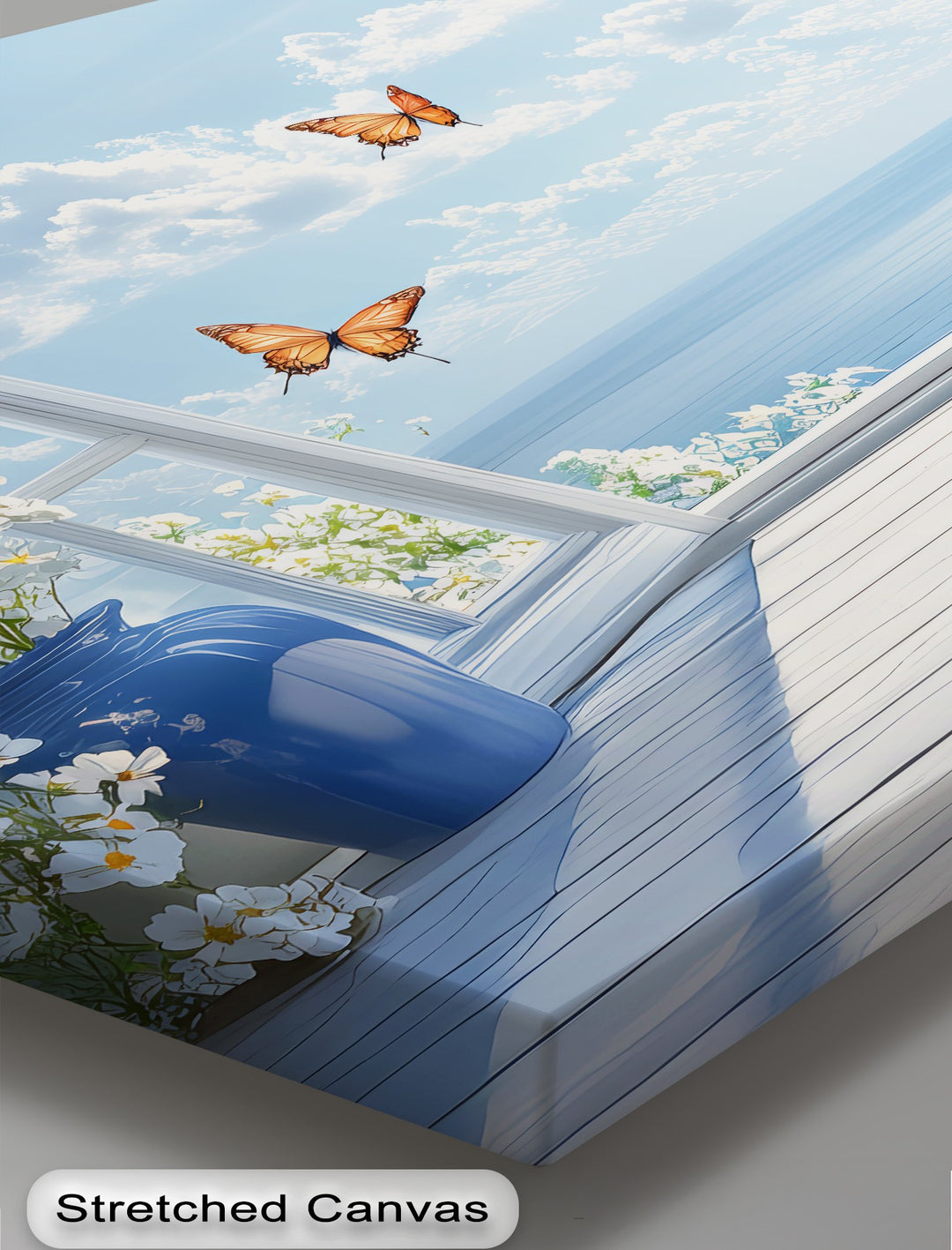 Ocean Breeze Serenity – Blue Vase Flowers and Butterflies Canvas Print