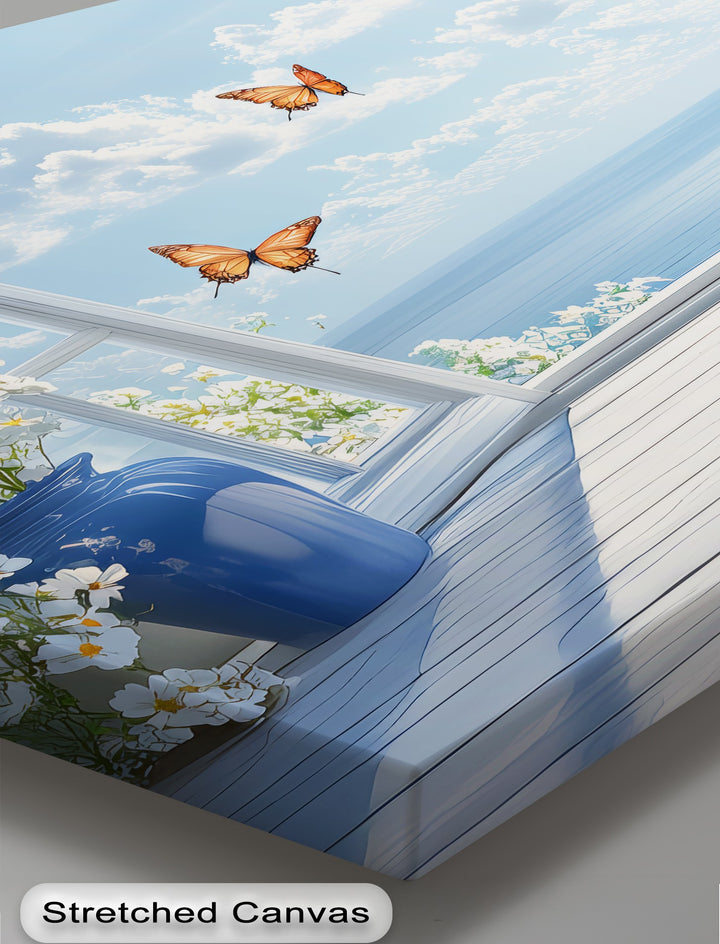 Ocean Breeze Serenity – Blue Vase Flowers and Butterflies Canvas Print