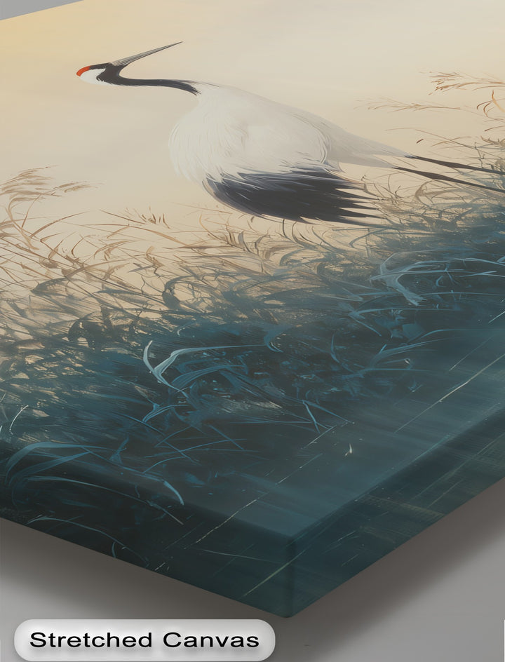 Vertical format showcases the elegant red crown crane canvas art prints in a minimalist nature bird wall art design with a serene misty landscape.