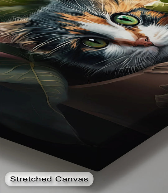 Revealing the realistic detail of the Jungle Hideout canvas print featuring a calico cat peeking through vibrant greenery with premium canvas decor.