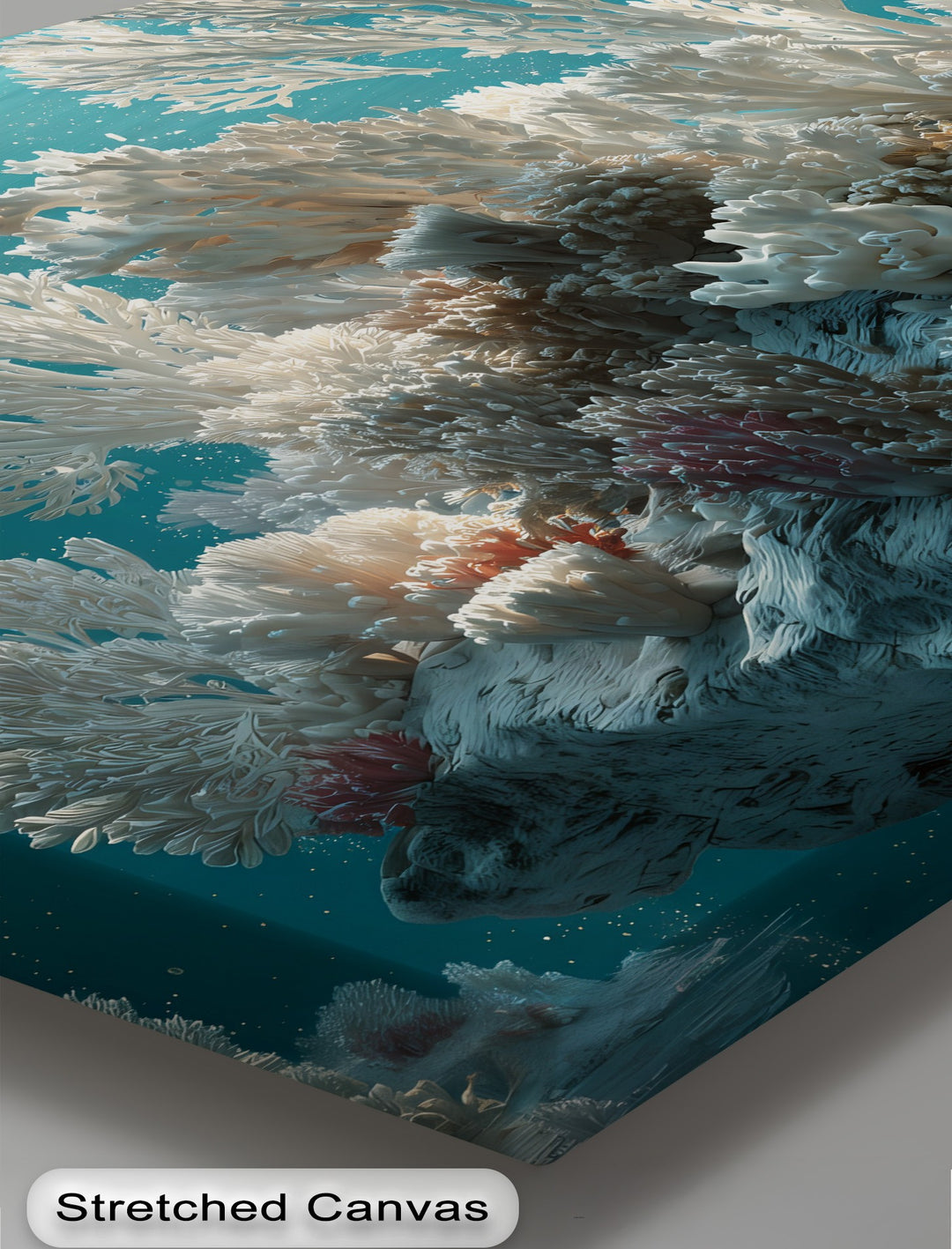 The brightest area showcases luminous white and cream-hued coral branches, glowing vividly against the clear turquoise ocean, ideal for canvas pictures.