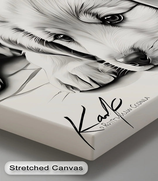 High color contrast showcases the intricate details of the Gentle Gaze canvas artwork, featuring a sad-eyed puppy in a captivating black-and-white print.