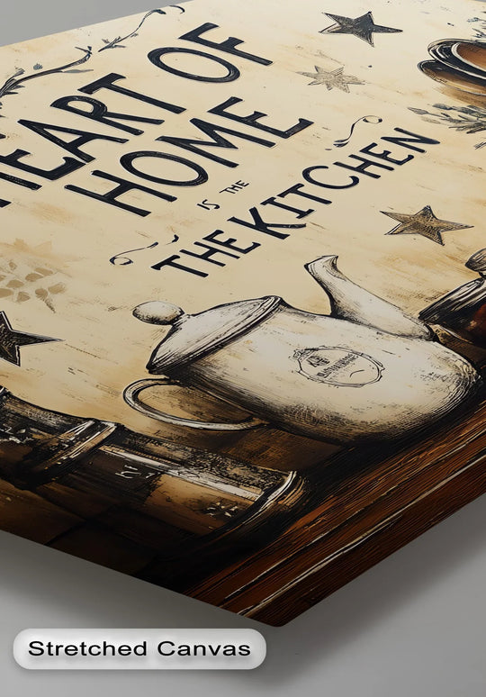 Low color saturation gives this rustic kitchen canvas art prints a vintage farmhouse feel, highlighting the 'Heart of Home' quote and teapot design.
