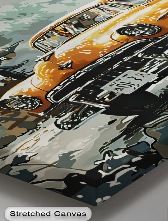 Visual rhythm is achieved in this 'Autumn Reflections' canvas print through the interplay of the car's angular forms and the fluid, camouflage-like background, offering stylish canvas wall decor.