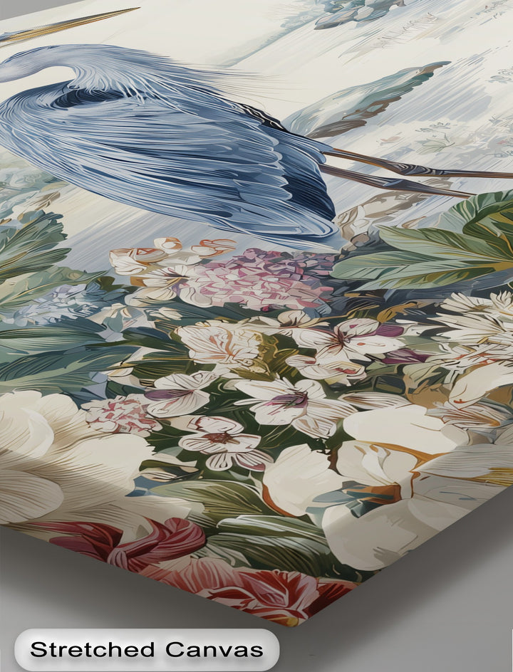 Vertical canvas artwork features an elegant heron garden canvas print among a colorful floral garden design.
