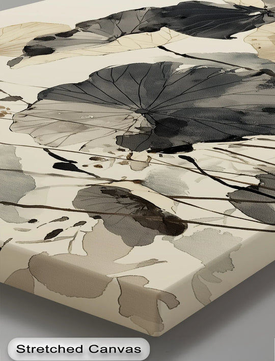 Revealing depth and layers in this 'Ethereal Lotus Dance' big canvas prints showcasing minimalist ink florals with overlapping leaves creating a serene visual texture.