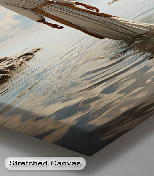 Foreground reflections show the ripples and texture of water in this beautiful Heaven's Reflection Jesus walking on water canvas print making it one of the best canvas prints.