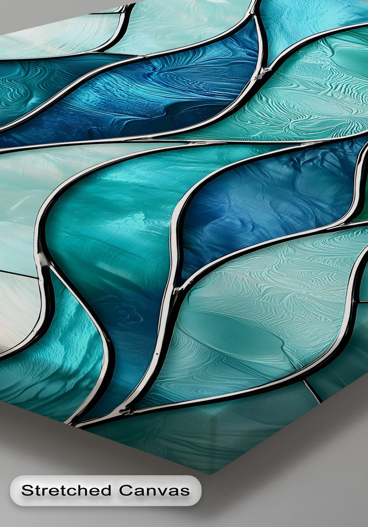 The glossy finish of this best canvas prints abstract turquoise wave art highlights its textured, stained glass-style blue ocean patterns.