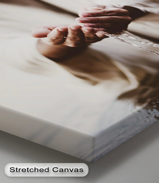 Subtle surface texture on the Living Water – Jesus Holding Water in His Hands canvas print shows the weave of the canvas art prints with a glimmering effect.