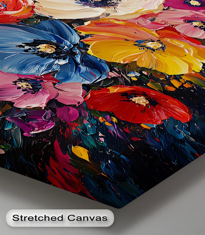 Joyful Garden – multicolor floral wall decor with expressive brushwork.

