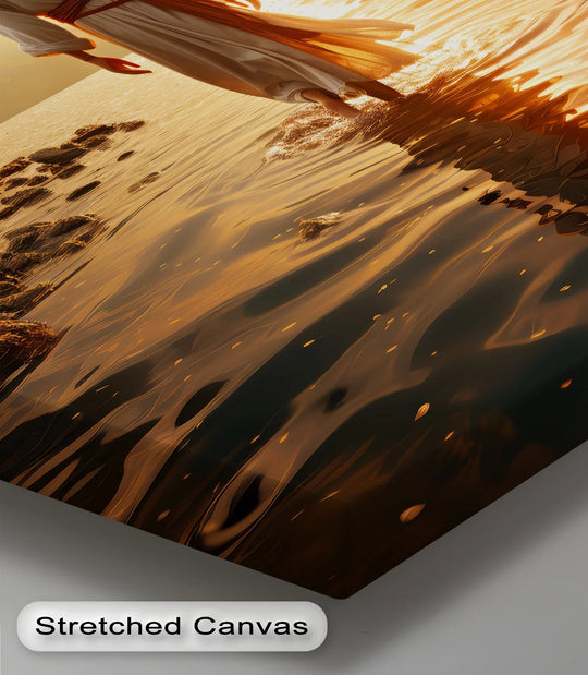 Printed on a stretched canvas, the edge showcases the captivating 'Sunset Grace – Jesus Walking on Water' canvas pictures with a contemporary border finish.