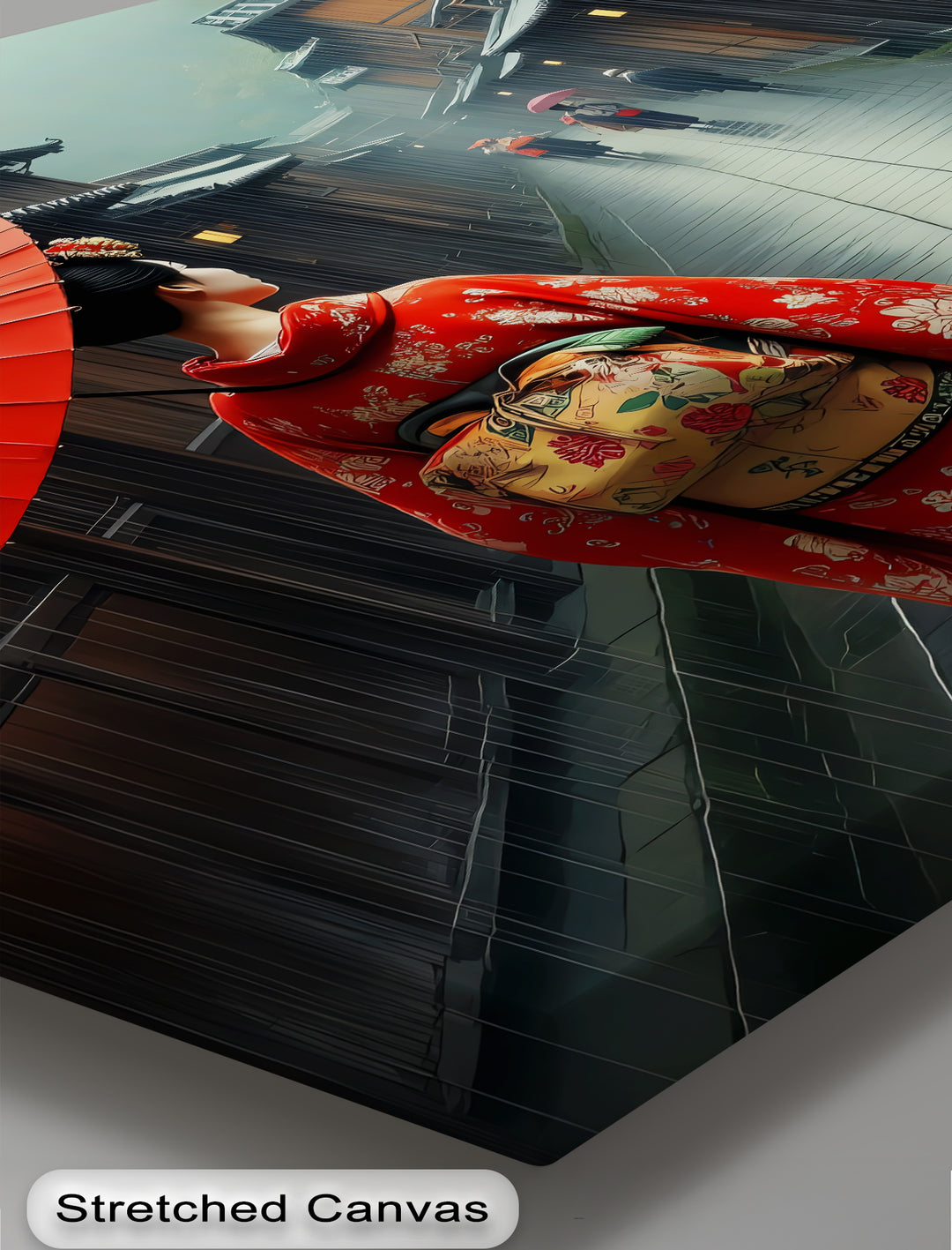 Geisha in the Rain – Japanese Street Scene Canvas Wall Art | Large Canvas