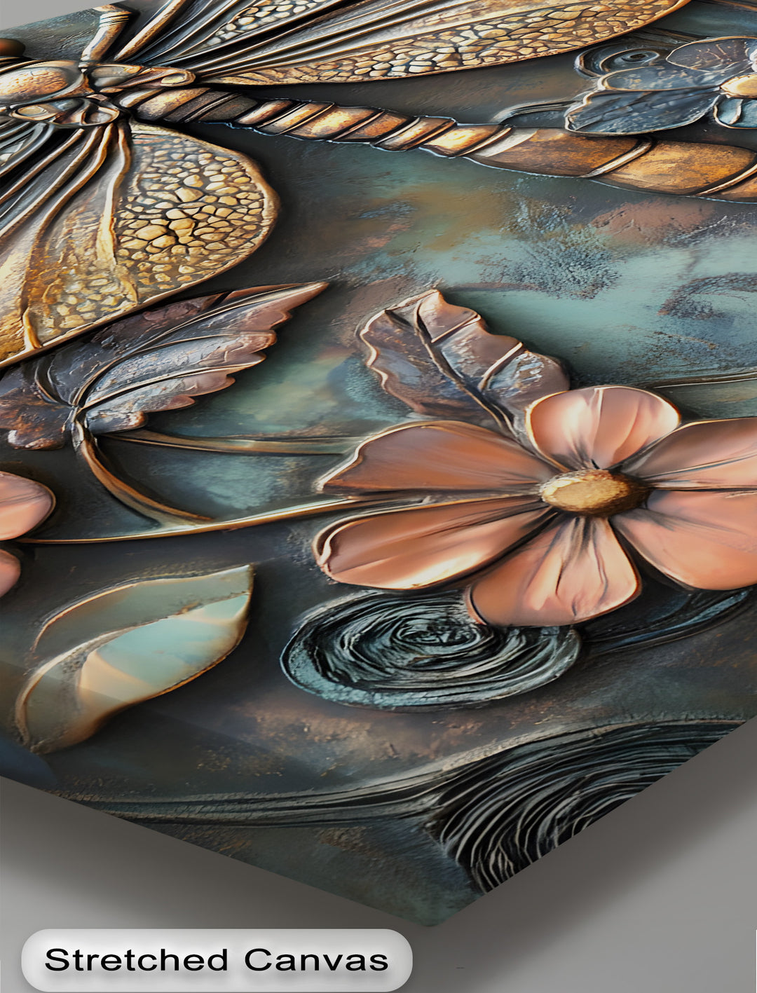 Intricate depth and layered textures define this 3D-style dragonfly floral hanging canvas, showcasing embossed metallic wings and sculptural petals.