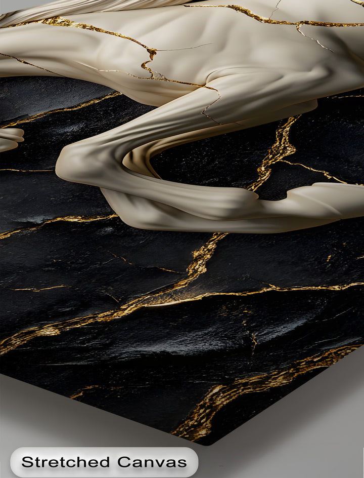 The clearly visible bottom left border of this luxury black and gold canvas art showcases its thick, clean gray stretched canvas edge.